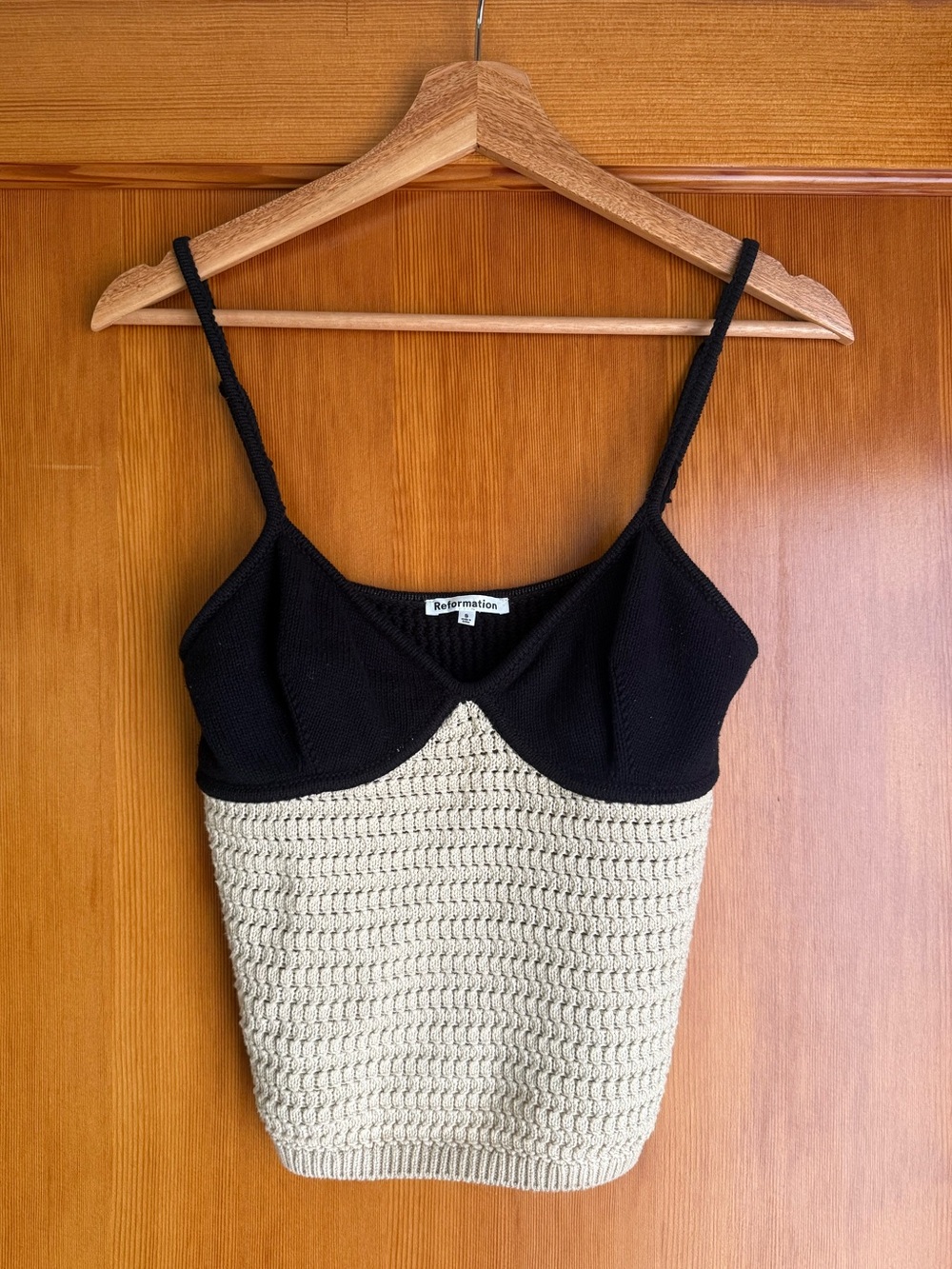 reformation lee cotton sweater tank - crochet / knit tank top in black and beige